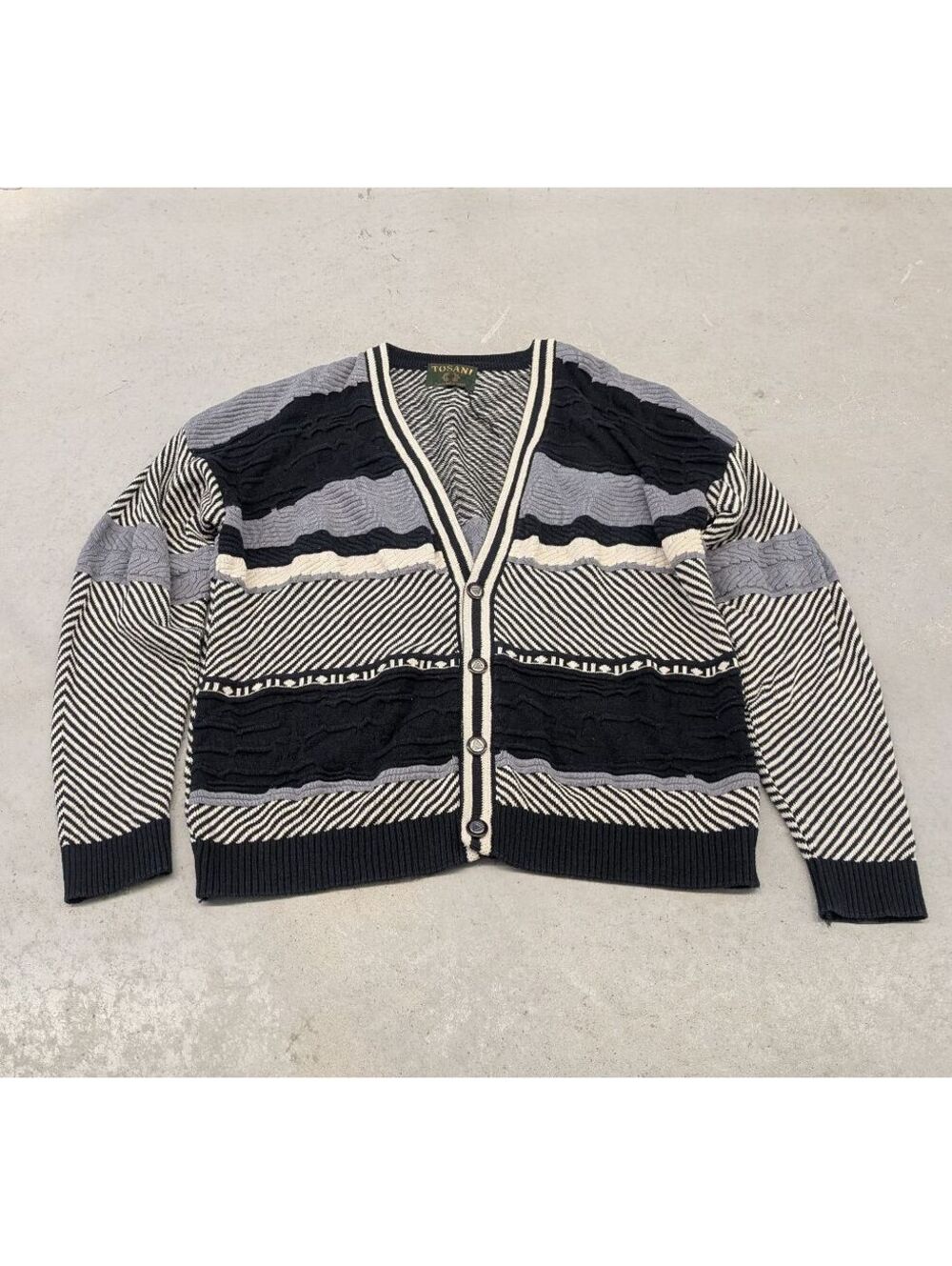 Vintage 90s Tosani Canada Black White Knit Cardigan Sweater